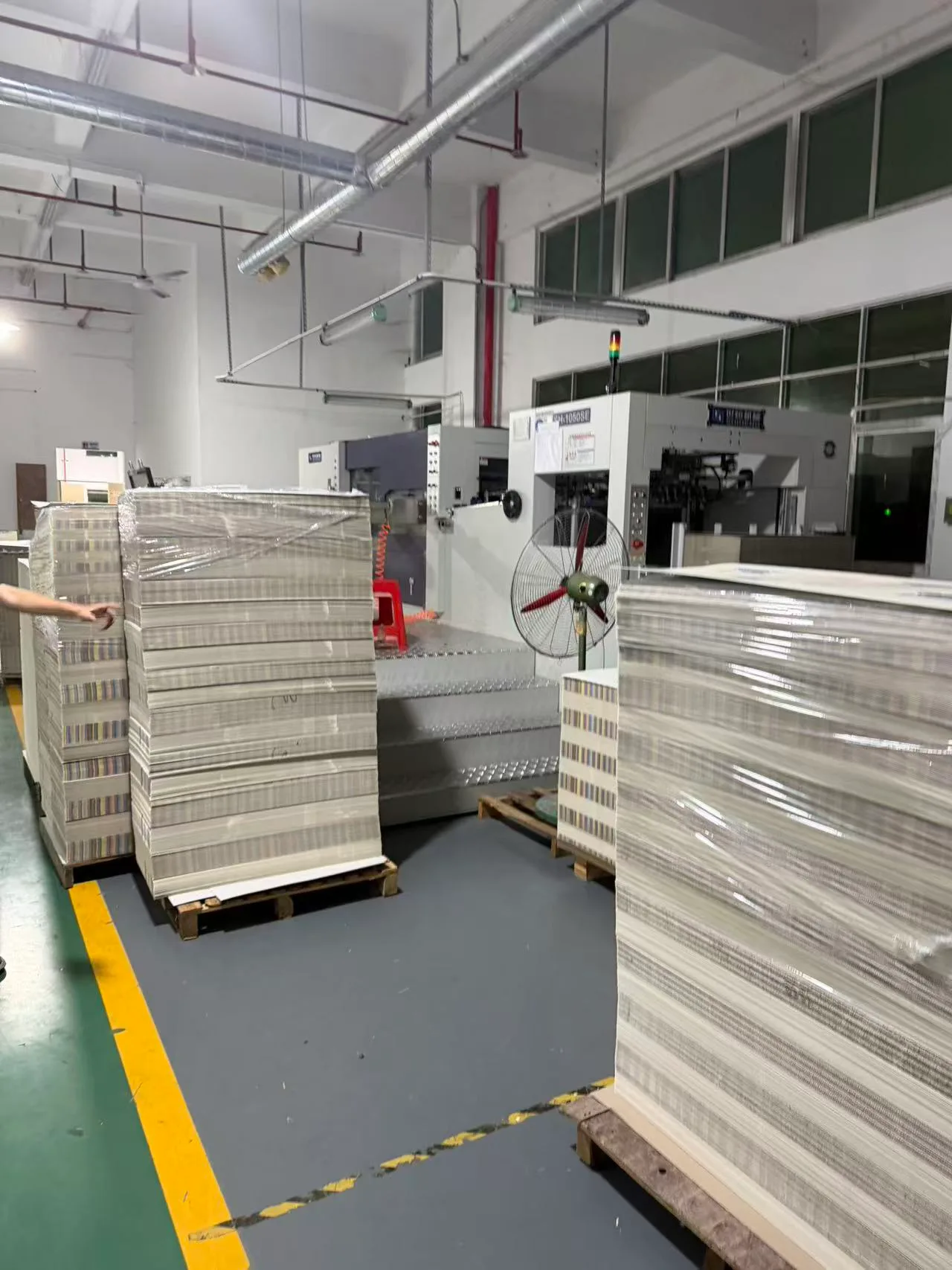 Warehouse area with finished packaging goods stacked on pallets