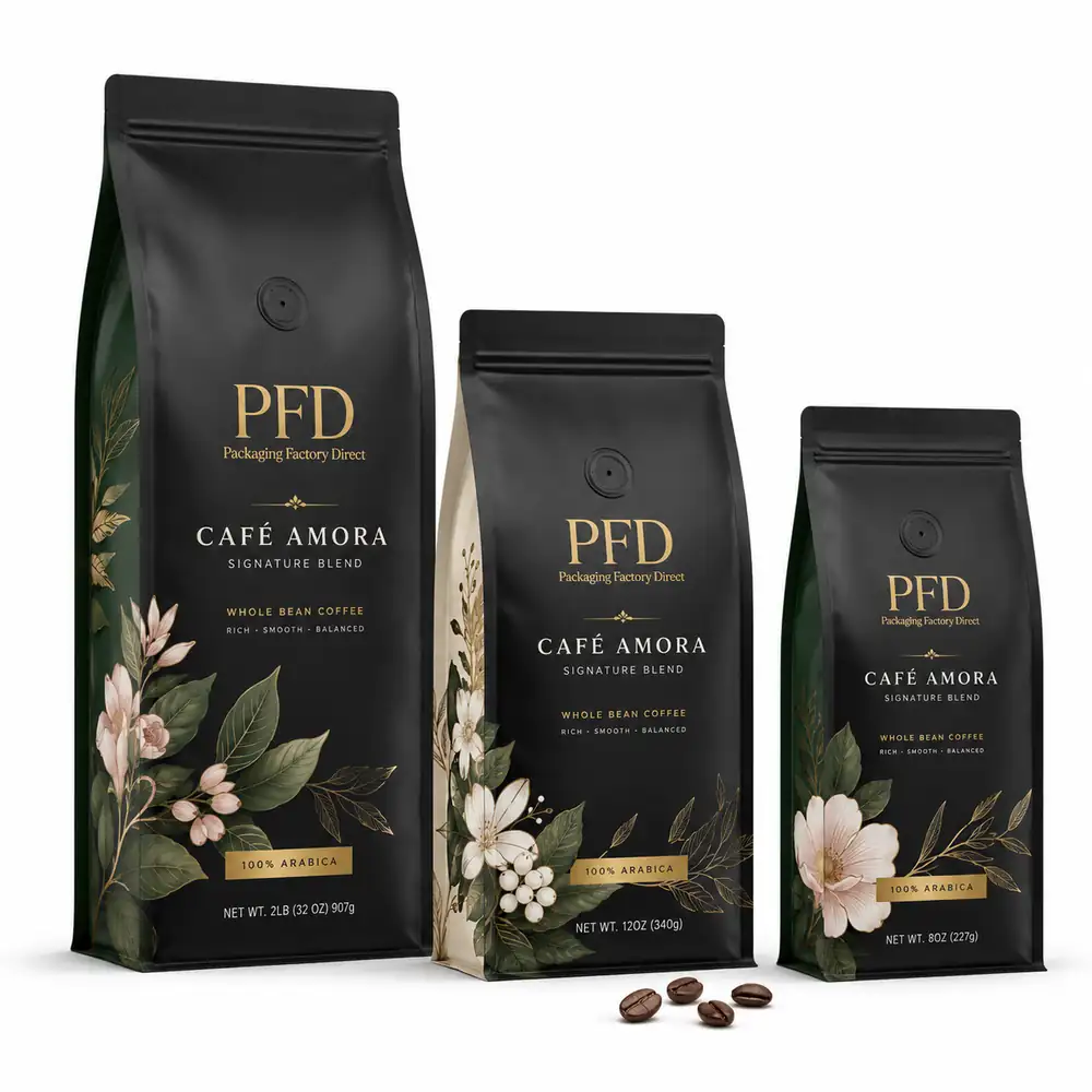 Boutique Coffee Bags with Degassing Valve and Feminine Botanical Printing