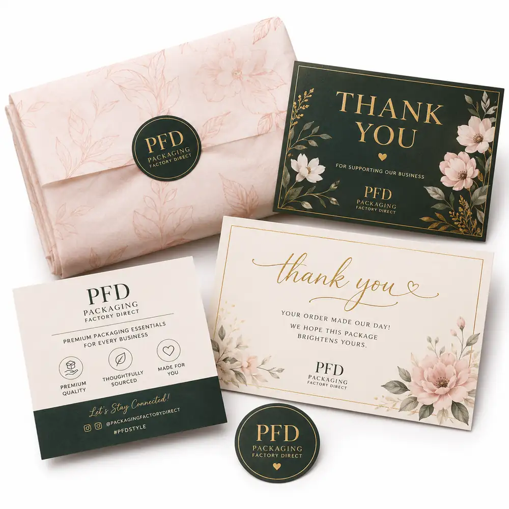 Branded Packaging Insert Set with Thank You Cards, Tissue Paper and Stickers