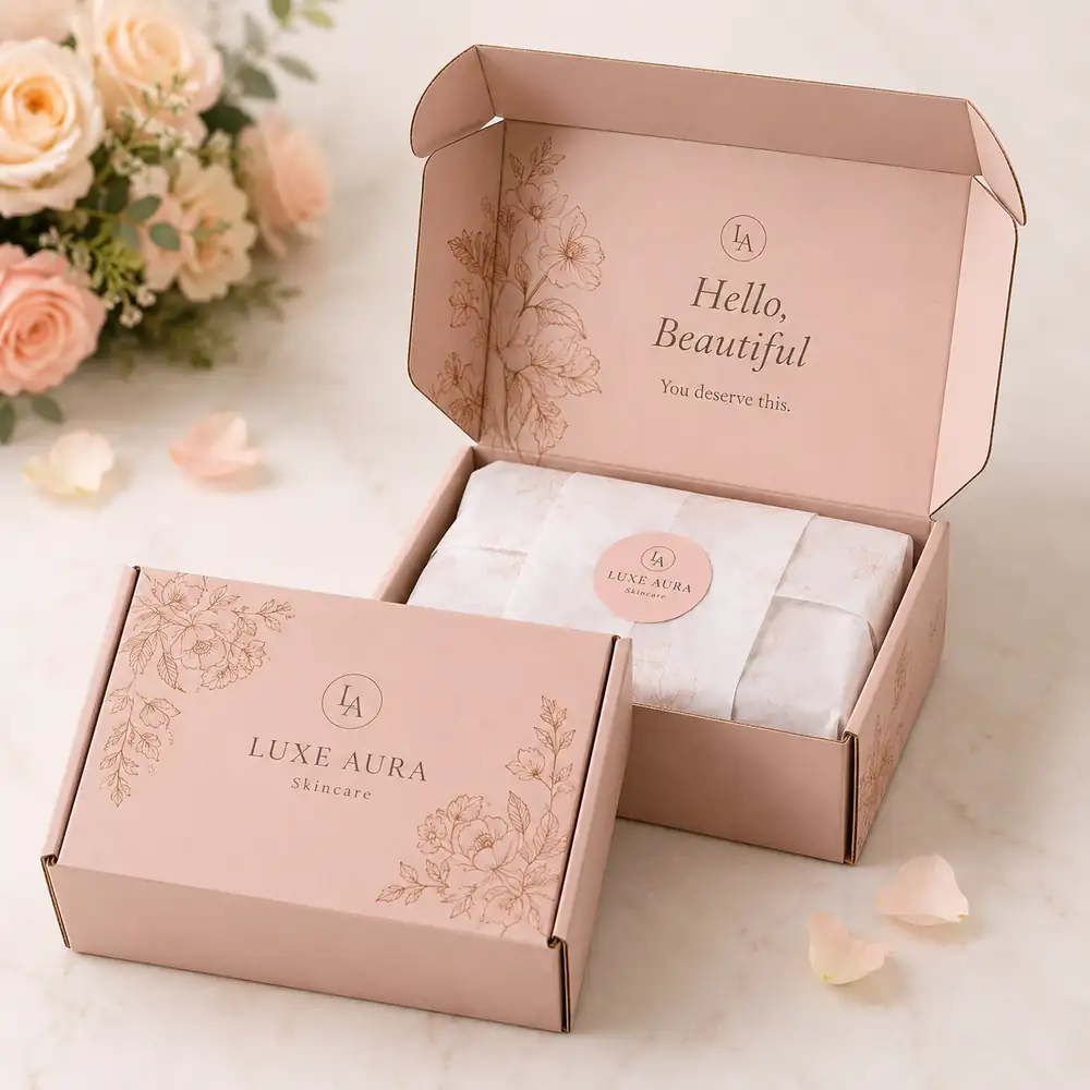 Custom Printed Ecommerce Mailer Boxes with Tissue Paper and Sticker Seal