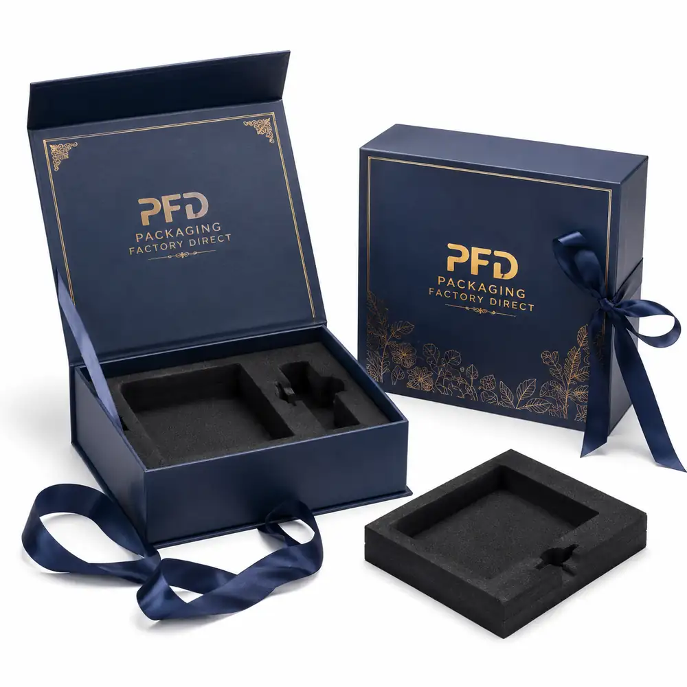 Luxury Rigid Gift Boxes with Magnetic Closure, Ribbon and EVA Inserts