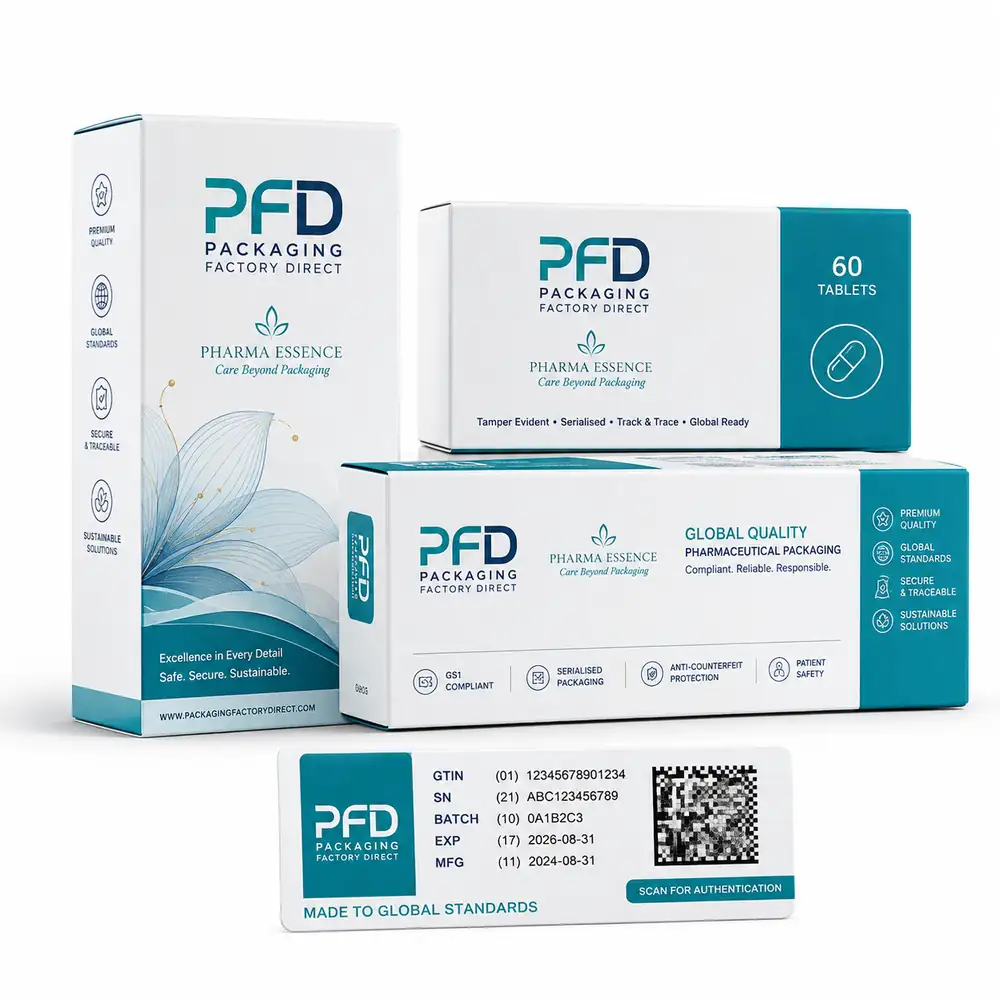 Serialized Pharma Cartons with GS1 DataMatrix and Traceability Label Panel